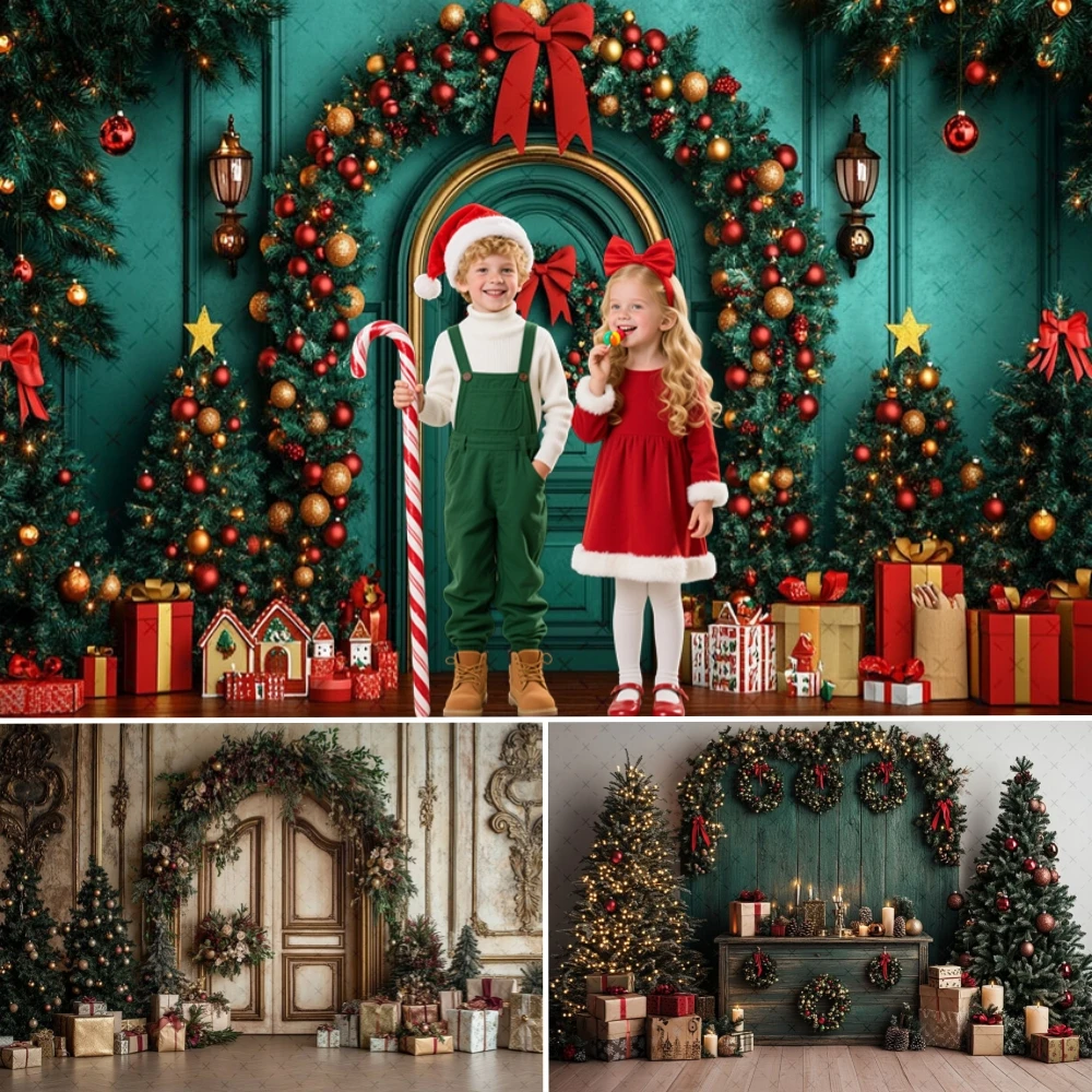 

Christmas Xmas Tree Gift Toy Photography Backdrop Window Wood Door Kids Portrait Family Party Photo Background Decor Photostudio