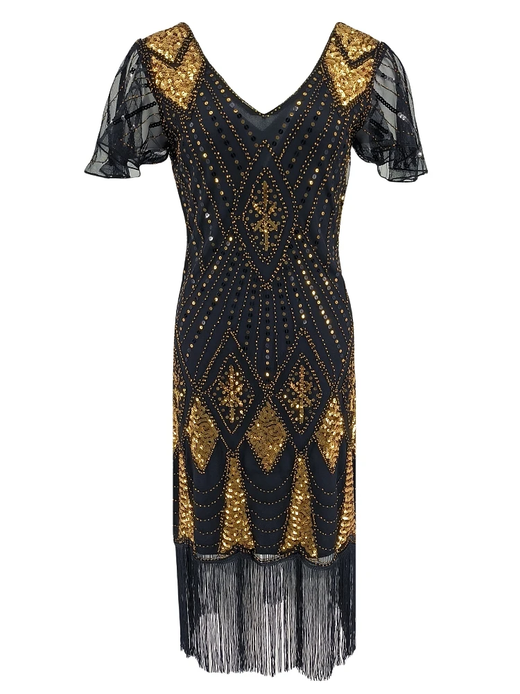 Sexy V-neck Butterfly Sleeve Blue Sequin Dress 1920s Women Flapper Fringe Dress Plus Size Gatsby Style Dress 20s Costume