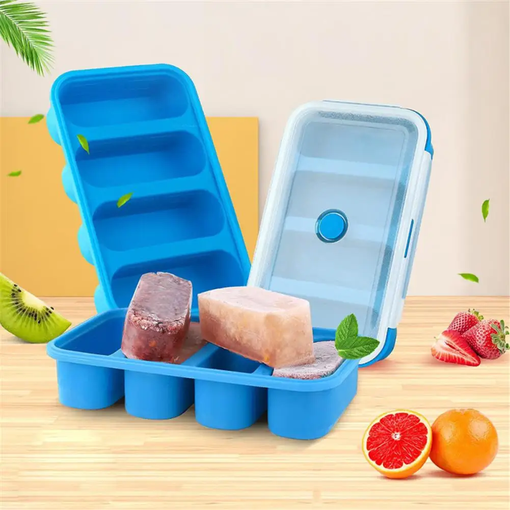 1pcs Silicone Freezer Tray Soup 4 Cubes Food Freezing Container Molds With Lid Frozen Packaging Box