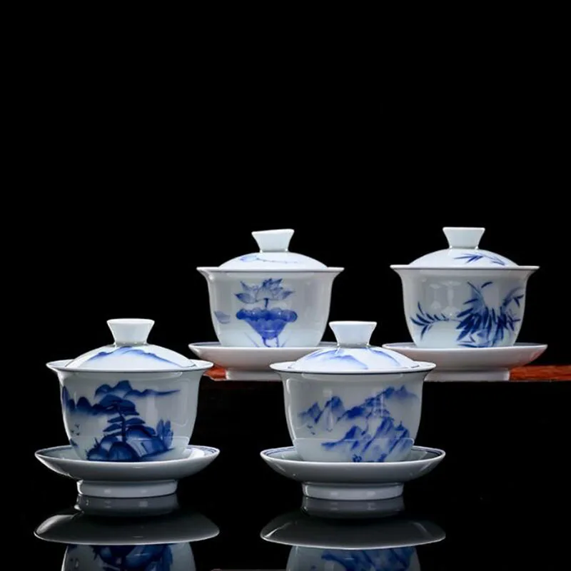 

Ручная роспись Celadon Sancai Gaiwan в китайском стиле с узором горного лотоса, чайная чашка, чайная чаша, кухонная посуда для питья