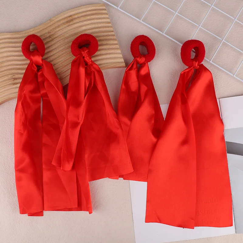 Children's Red Wrist Ribbon Team Sports Pompom Cheerleading Big Match Pom Club Dance Props Elastic Bracelet With Elastic Rope