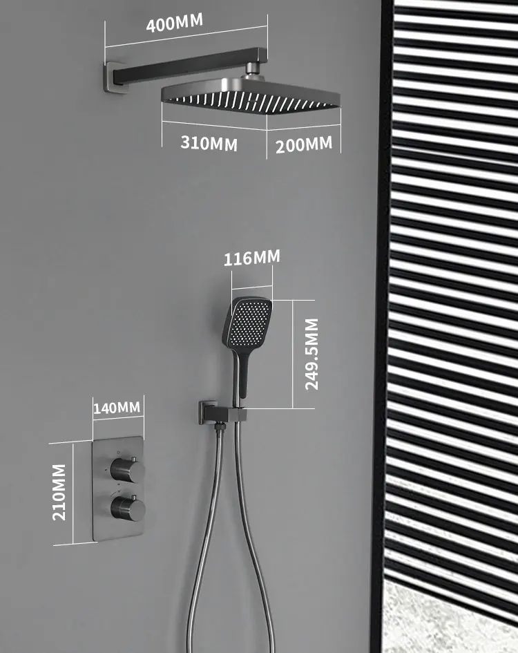 

HUARUILI Built in wall concealed mount thermostatic chrome rainfall bath shower set bathroom wall mounted dark grey shower set