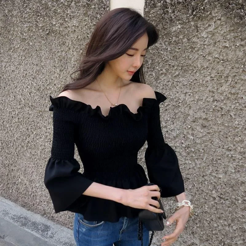 Flare Sleeve Blouses Women French Style Ruffles Classic Lady Fashion Solid Ins Elastic Spring Elegant Retro Slash Neck Romantic