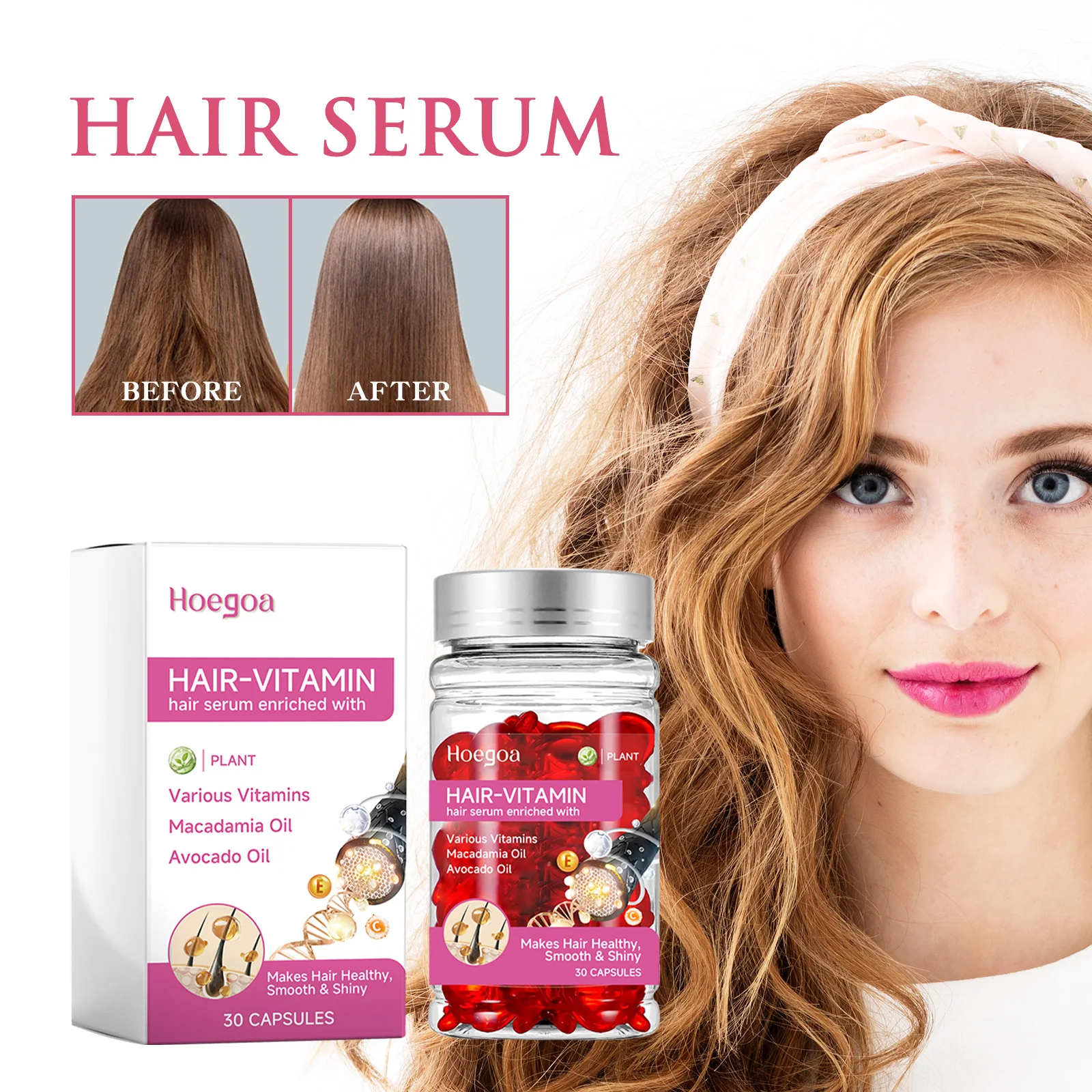 Hoegoa Hot Sale Leave No Rinse Hair Vitamin Capsules Hair Serum for Women Men Moisturizing Glossy & Smooth Hair Care Essence