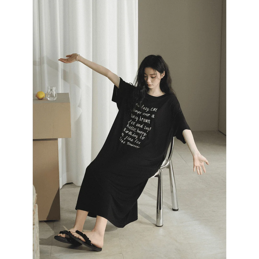 Summer Modal Casual Print Short Sleeve Dress Loose Outdoor Wearable Comfortable Breathable Sleepwear for Young Women