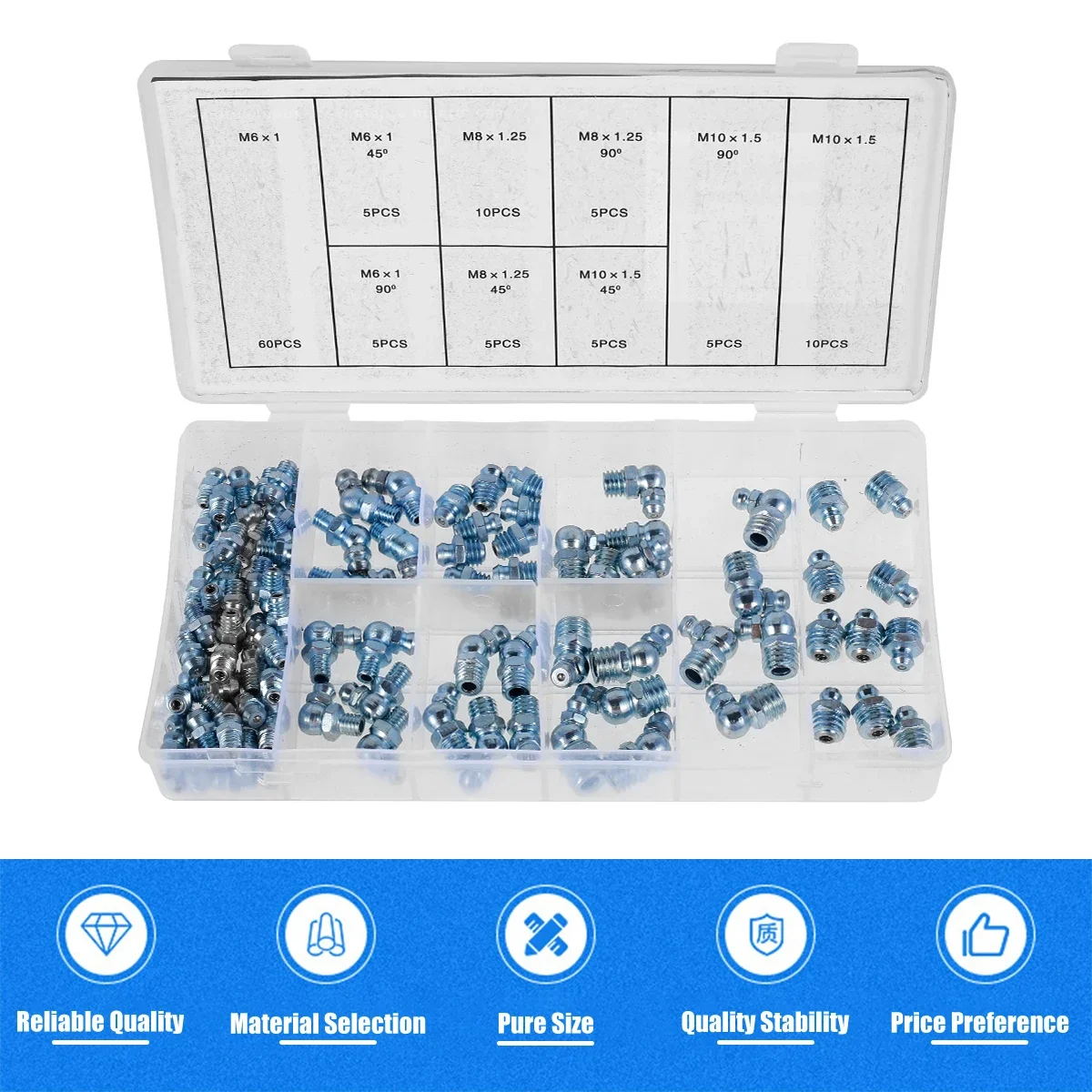 110 Pcs Grease Nipple Fittings Assortment Kit Straight 45-Degree 90-Degree Angled Galvanized Metal Grease Nipple Set M6 M8 M10