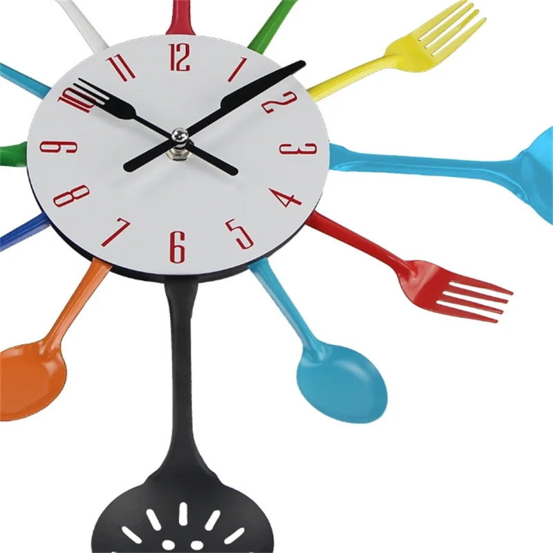 1PC 16 Inch Colorful Modern Design Metal Spoon Fork Kitchen Wall Clock Creative Mute Quartz Wall Mounted Clocks Decorative