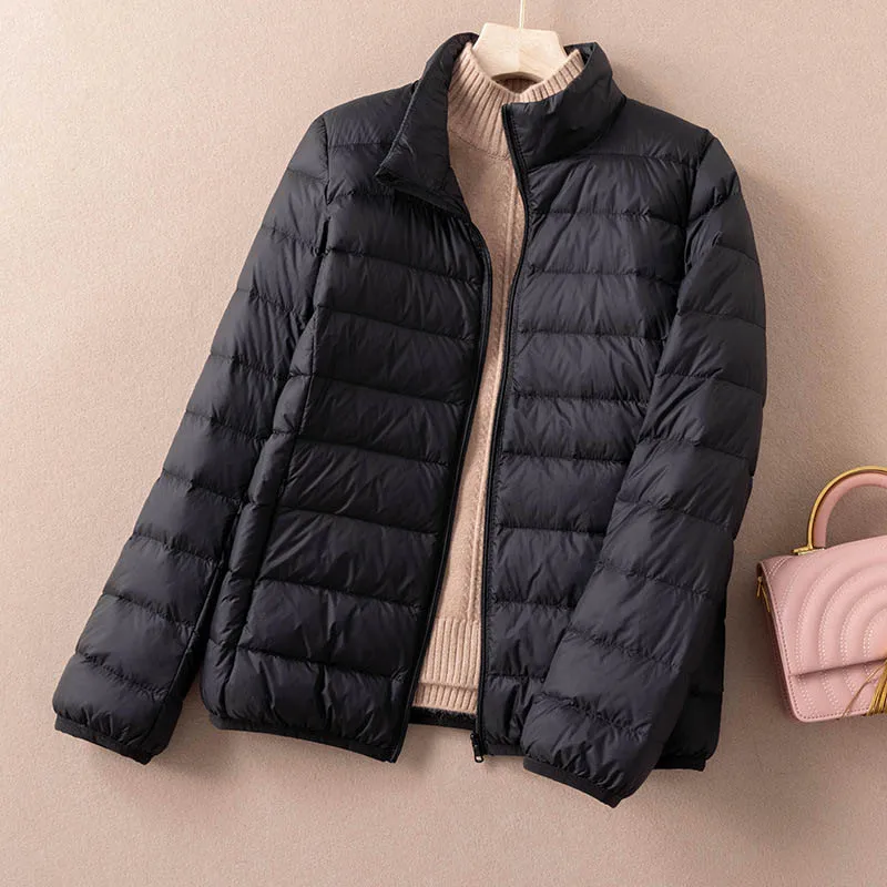 Schinteon Ultralight 90% White Duck Down Coat Casual Autumn Winter High Quality Outwear for Women Stand Collar Portable Storage