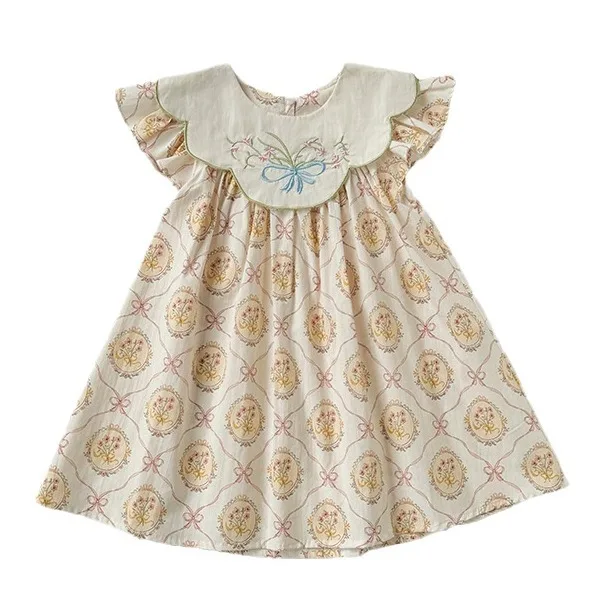 Children\'s Doll Collar Butterfly Flower Embroidered Girls\' Dress 2024 Summer New Korean Style Flying Sleeve Sweet Princess Dress