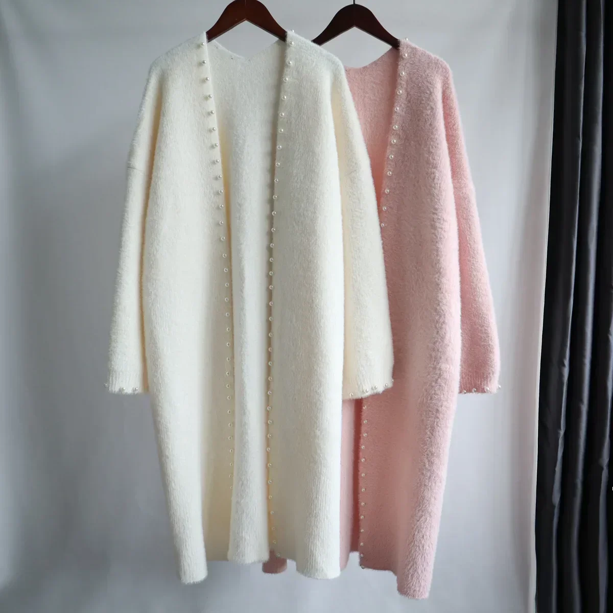 Thick Kintted Cardigan Women Pearl Long Jacket Autumn Winter Mink Velvet Loose Long Sleeve Sweater Warm Jumper Causal Cardigans