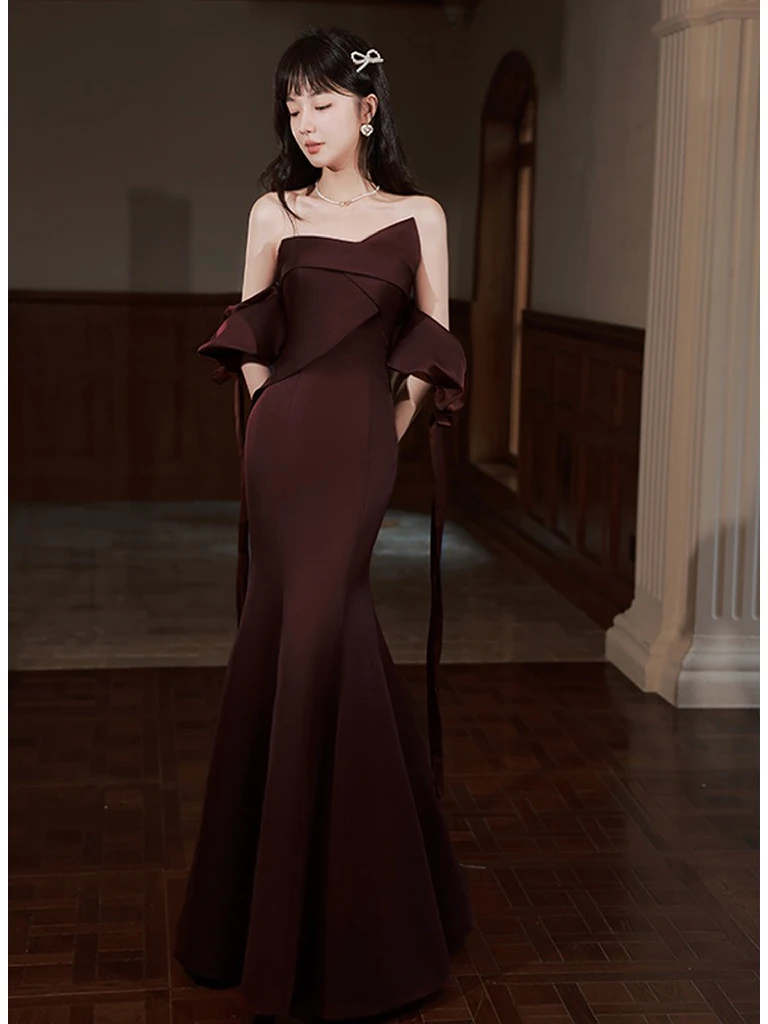 

Elegant Vintage Satin Celebrity Dress Off Shoulder Sleeveless Strapless Mermaid Wedding Formal Party Evening Gown Toast