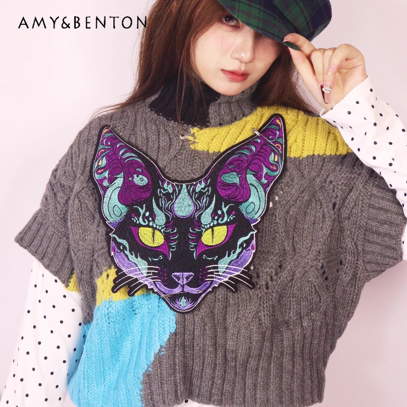 

Original Design Color-Block High Neck Knitted Sweater Vest 2025 Autumn Winter New Versatile Long Sleeve Bottoming Shirts Ladies