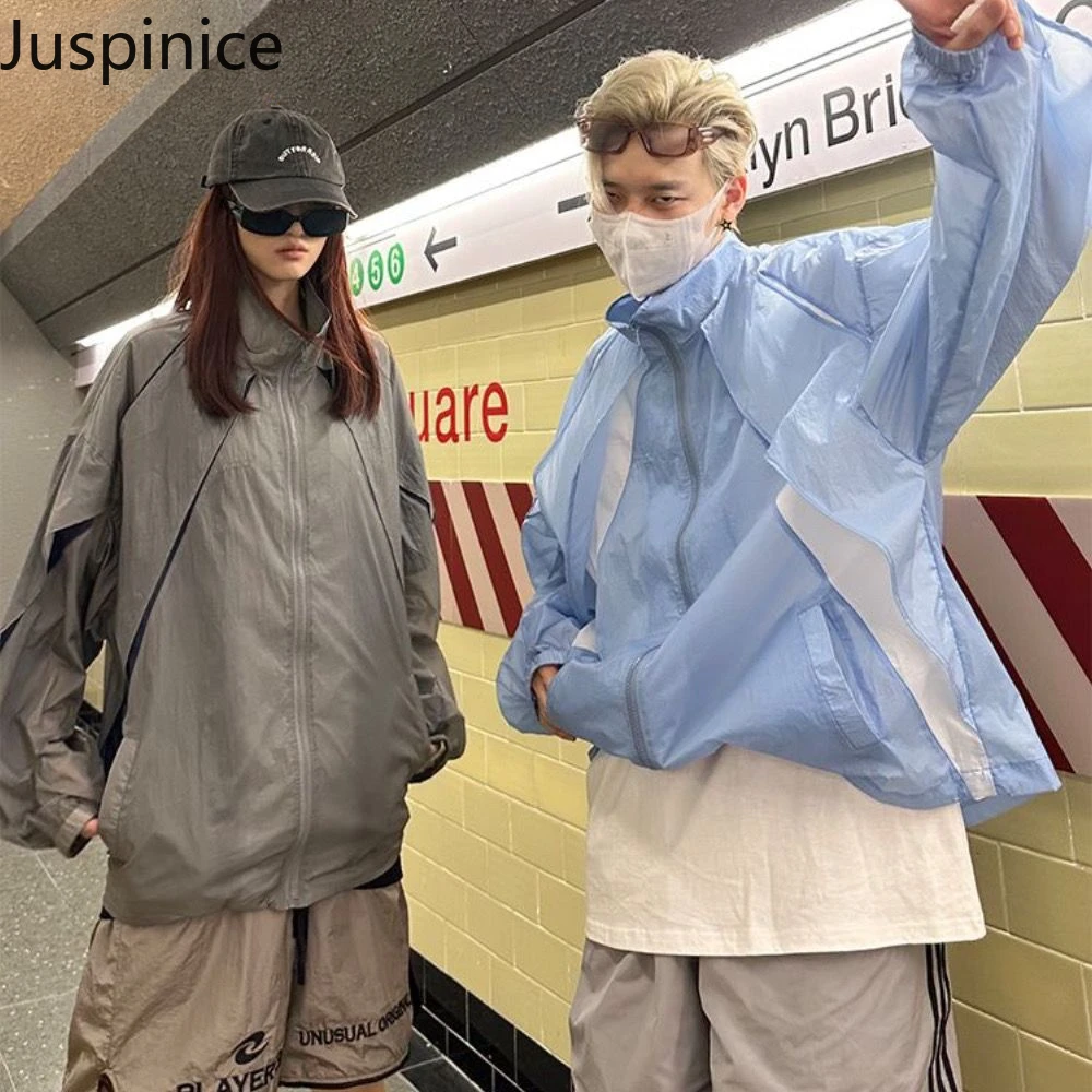 

American Sports Sun Protection Jacket Couples Casual Loose Outdoor Breathable Stand-up Collar Jackets Men Overcoat Male Clothes