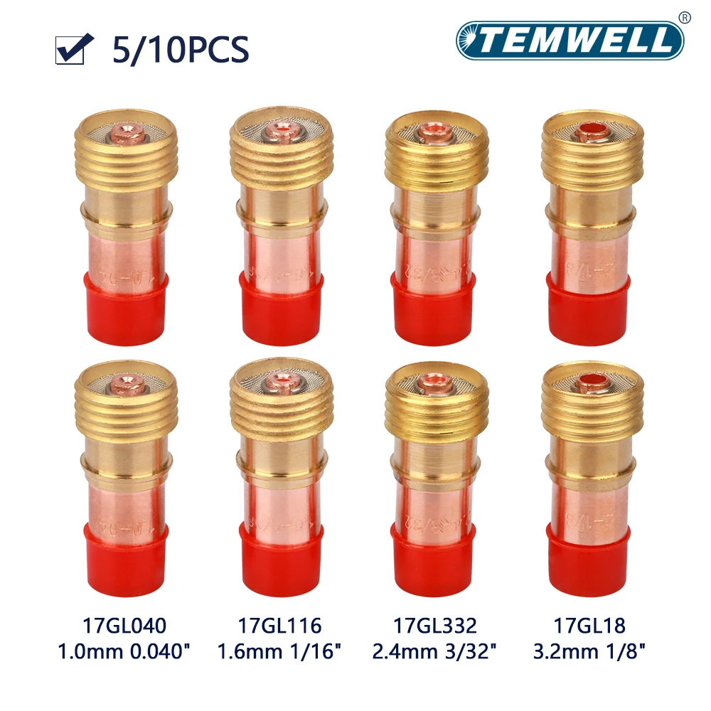 TIG Stubby Gás Lens, Collet Body, Tocha de soldagem Acessórios, 1.0mm, 1.6mm, 2.4mm, 3.2mm, WP17, 18, 26, 17GL040, 17GL116, 17GL332, 17GL18, 5 PCes,