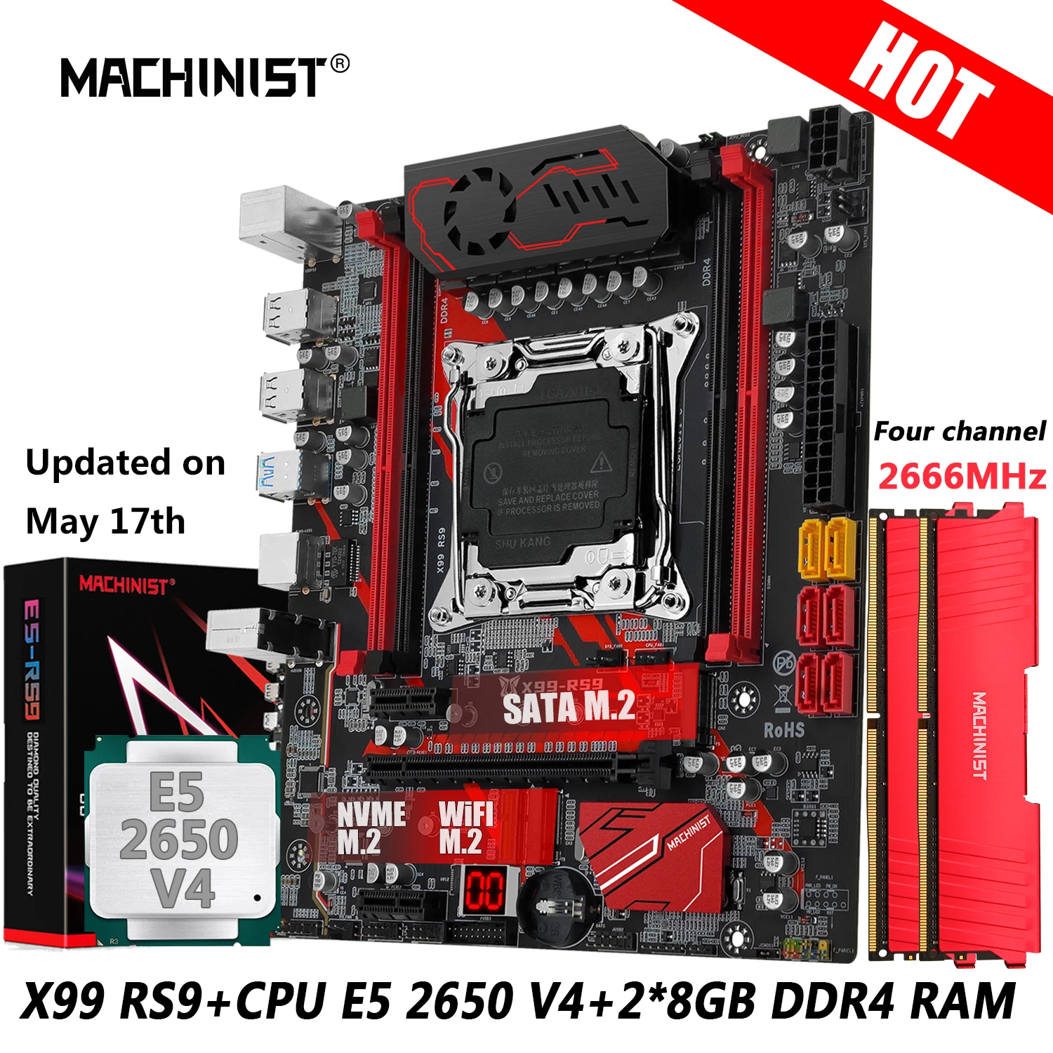 

MACHINIST RS9 X99 Motherboard Combo LGA 2011-3 Xeon Kit E5 2650 V4 CPU DDR4 16GB RAM 2666MHz NVME/SATA M.2 USB 3.0 Four Channels