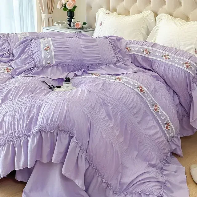 Beautiful Lace Bedding Set Korean Style duvet cover set Soft Washed Cotton Comforter cover set girls women room for home decor