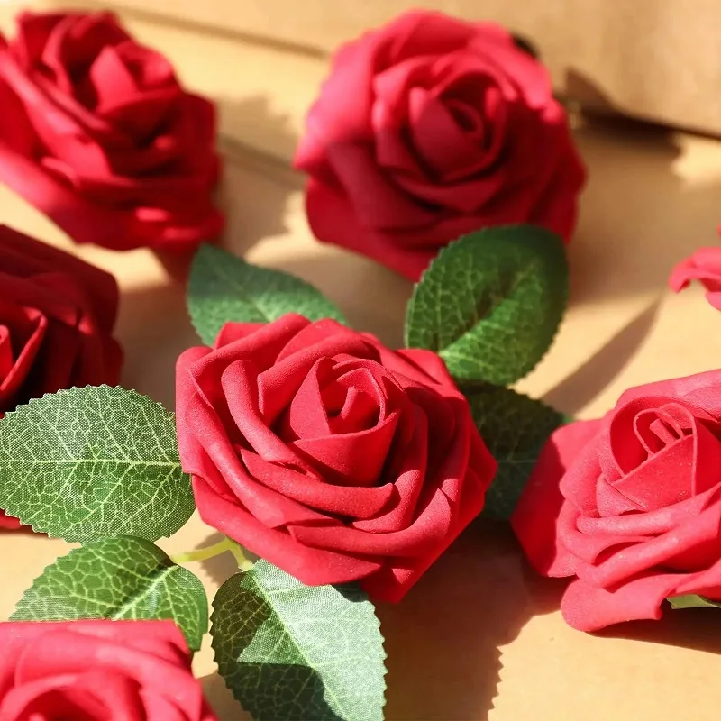 25pcs Artificial Flower Red Rose Real Looking Fake Roses w/Stem Bouquets for Valentines Day Party Wedding DIY Decoration