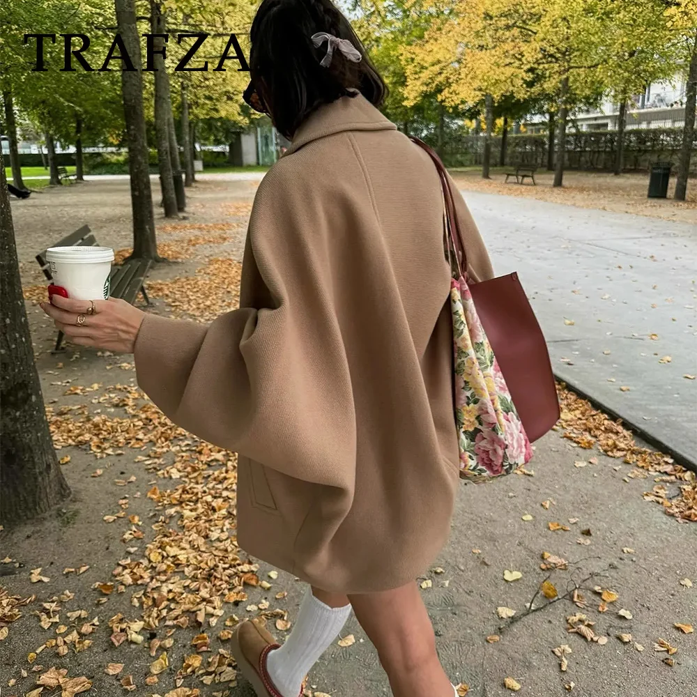 TRAFZA 2023 Autumn Winter Women Casual Solid Coats Fashion Streetwear Turn Down Collar Loose Demi-season Long Jacket For Women