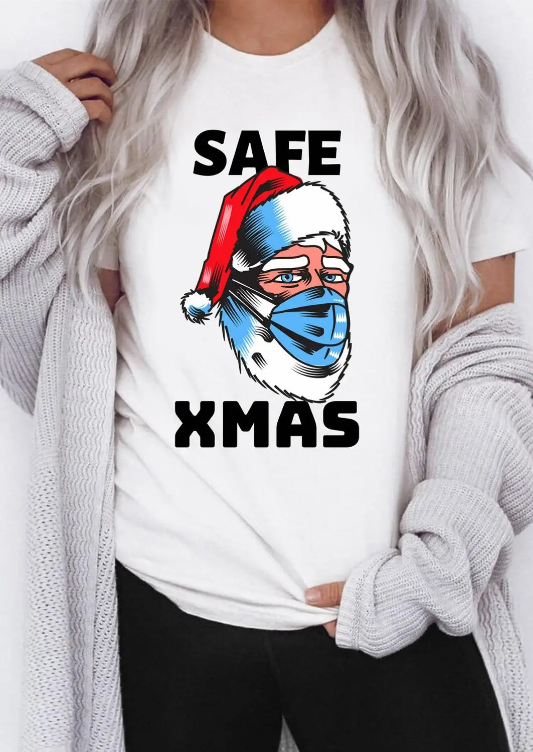 

Christmas Tee Women Santa Claus Wear Mask Print Funny Graphic T Shirts Cute Casual Round Neck T Shirt Creative Design Tshirt