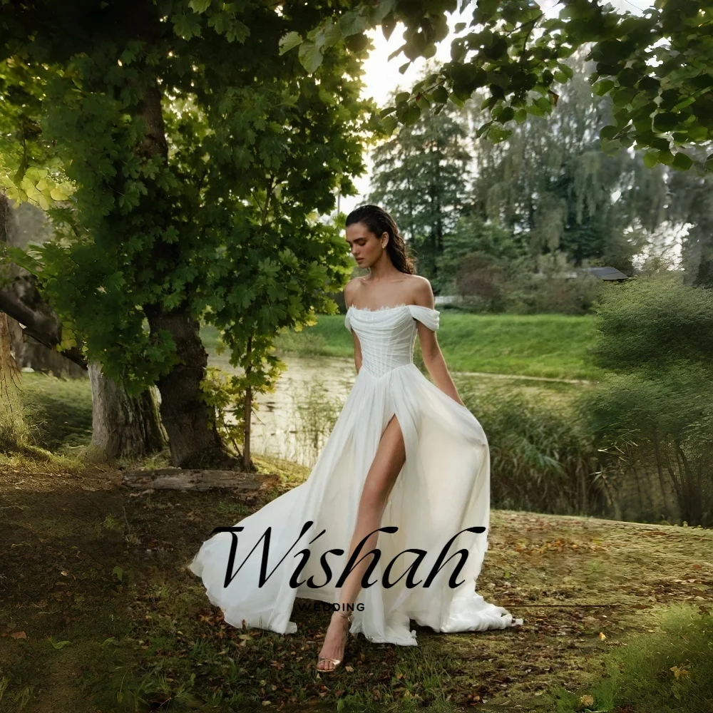 Wishah Customized Strapless Off-the-shoulder Pleated High Forked Lace-up A-line Long Dress Bridal Gown for Wedding Party 2027