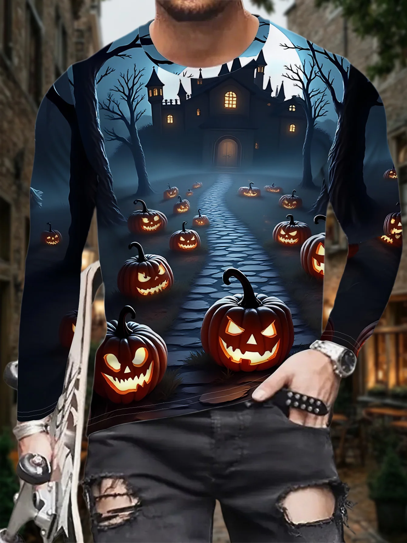 Men Halloween Haunted Castle Pumpkin Lantern Night Scene Graphic Long Sleeve T‑Shirt 3D Print Crew Neck Casual