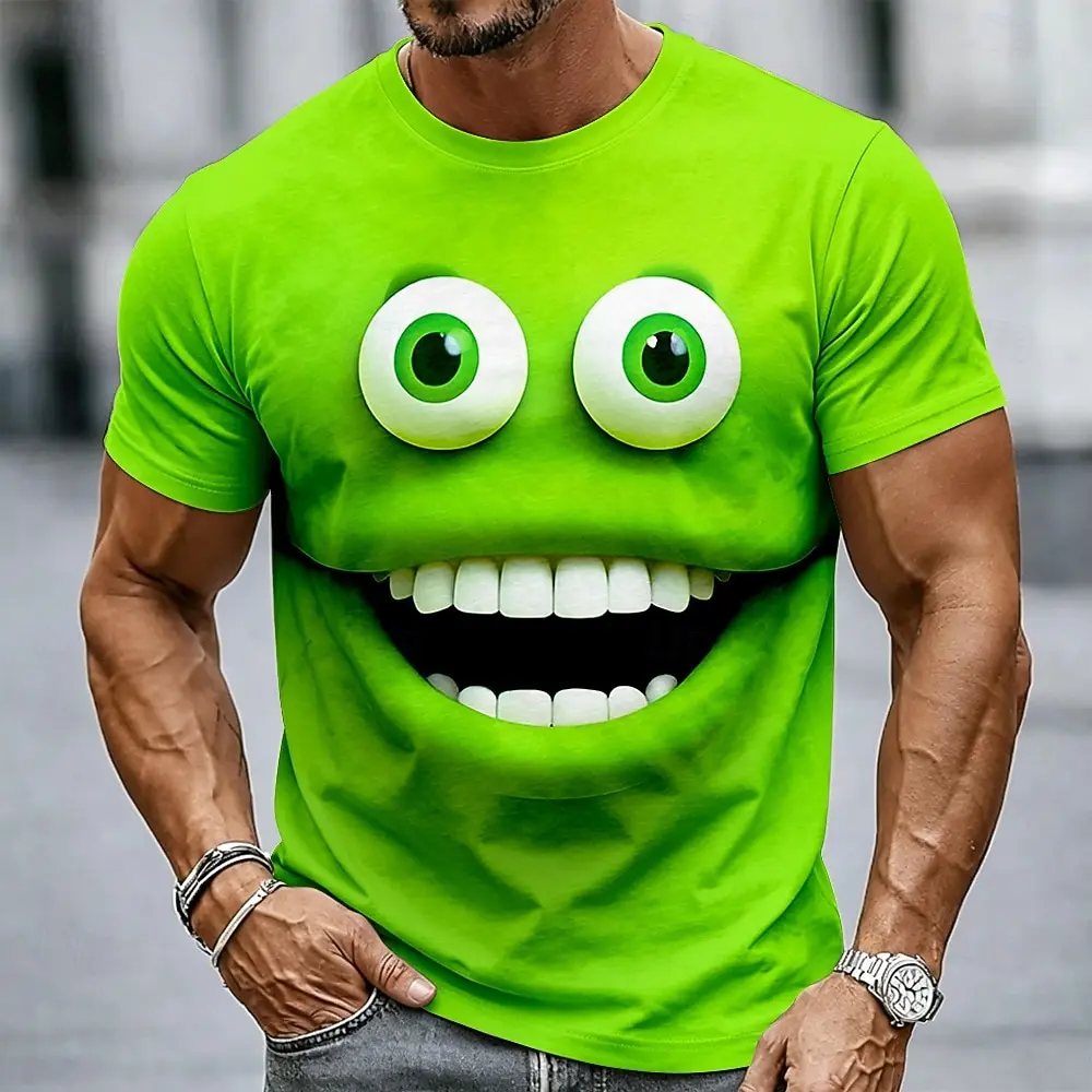 Men's Spring Summer 3D Printed Crew Neck Tee, Bright Green Big Eye Grinning Cartoon Monster Funny Novelty Vacation Top
