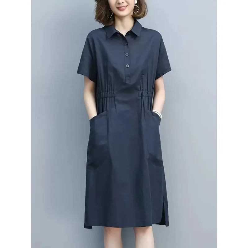 Summer Vintage Dresses for Women 2024 New Casual Loose Cotton Polo Collar Short Sleeve Office Lady Pleated Dresses Vestidos N633