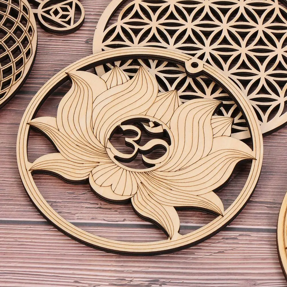 Cut Handmade Coasters Wood Wall Art Home Decor Flower Of Life Energy Mat Slice Wood Base Wooden Wall Sign Flower of Life Shape