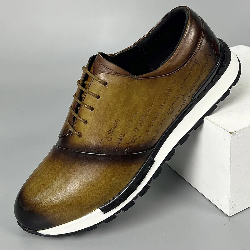 Luxury Brand Design Men's Sneakers Real Leather Laser Letter Engraving Lace Up Brogue Oxford Casual Urban Fashion Shoes For Men