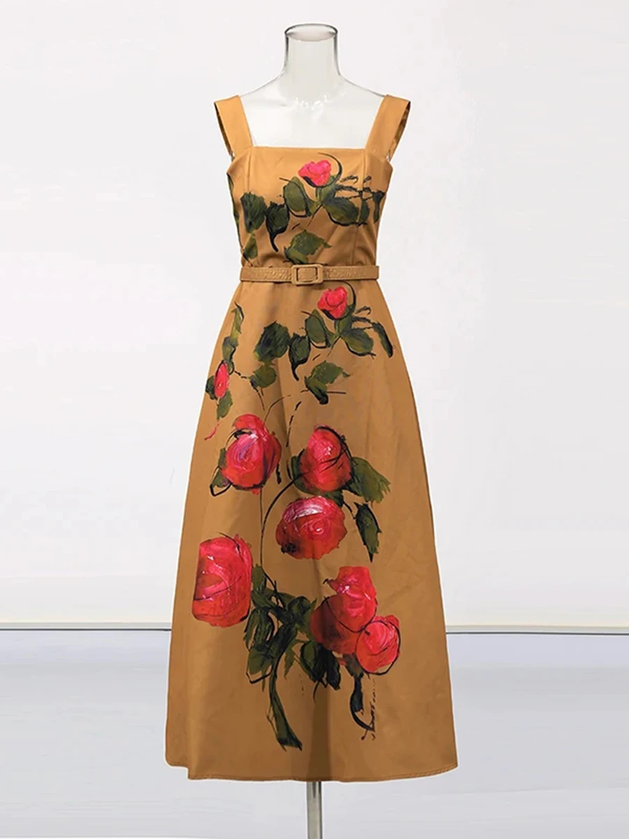 TWOTWINSTYLE Hit Color Printing Slimming Dresses For Women Square Neck Sleeveless High Waist Temperament Long Dress Female New