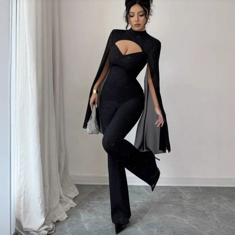 Women's Fashion Sexy Jumpsuit Spring Autumn New V-neck Shiny Lantern Sleeves Slightly Spicy Slim Fit Jumpsuit With Women Clothes