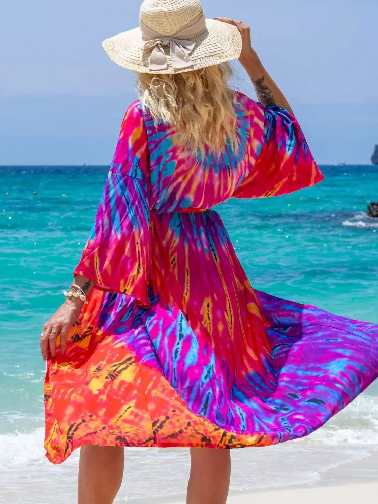 Colorful Beach Kimono Cover-up for Women, Rayon Beach Tunic, Bikini Cover Up, Oversized Kaftan Pareos, Beach Shirt Dress