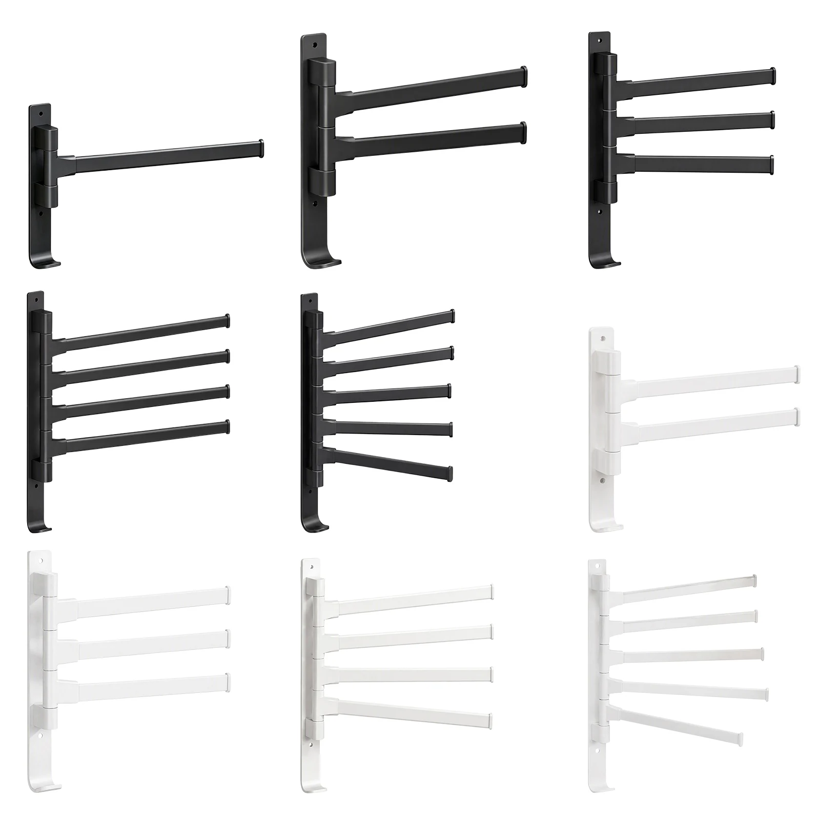 Wall Mounted Towel Bar Foldable No Drill Rotating Carbon Steel Multi-Rail Bathroom Space Saving Swivel Rack