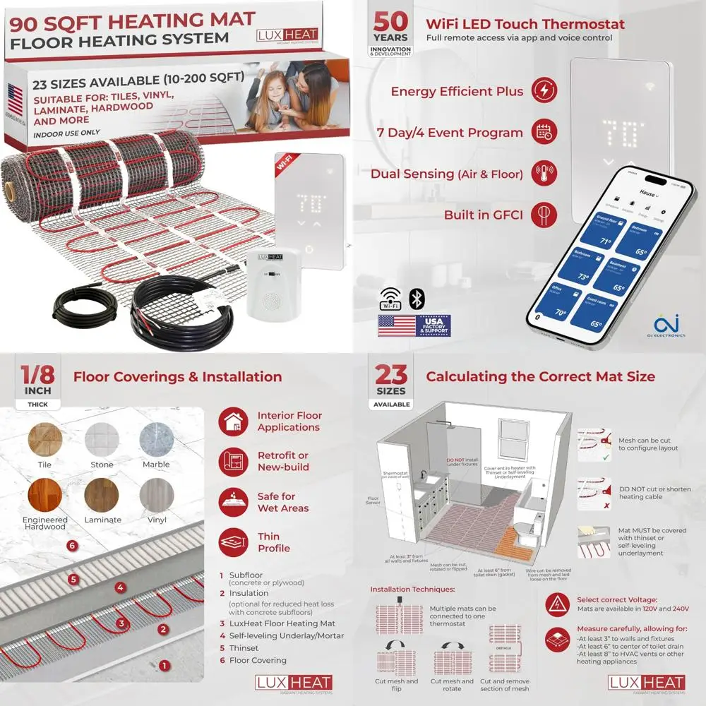 Floor Heating System 90 Square Feet - 240V Under Tile, Vinyl, Laminate - Easy Install Infloor Heating Kit