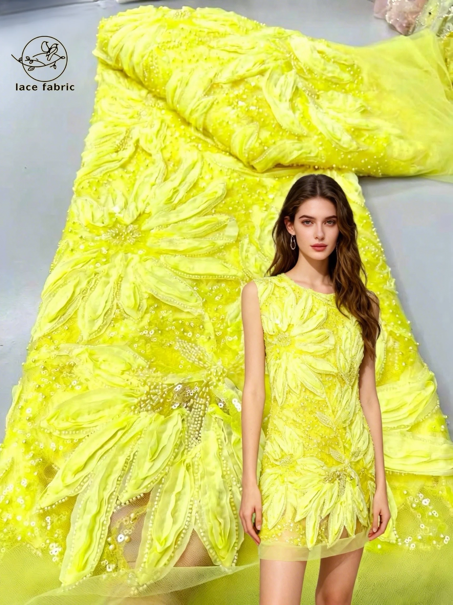 

Yellow Latest African Sequins Lace Fabric Embroidery 2026 French Mesh Lace Fabric With Groom Nigerian Tulle Lace For Party Dress