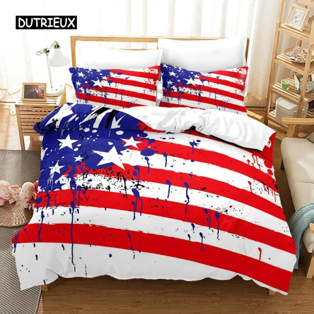 American Flag Duvet Cover Set Microfiber Red White Stripe Decor Bedding Set Independence Day Freedom Theme Quilt Cover for Teens