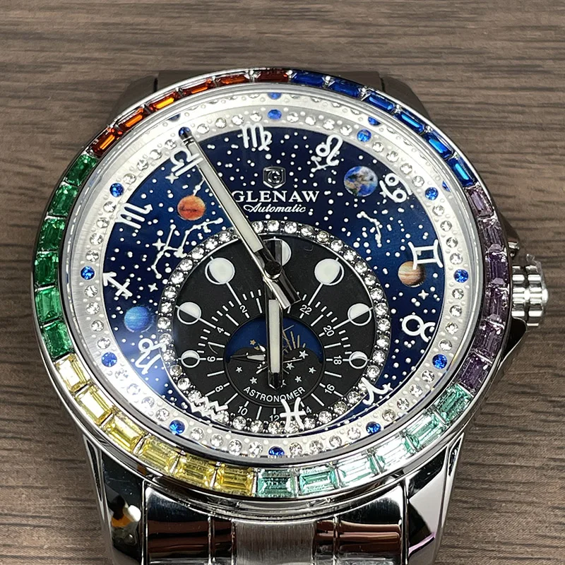 GLENAW Watches Original Design Diamond Constellation Rotating Dial Stainless Steel Luxury Men's Automatic Mechanical Watch P8719