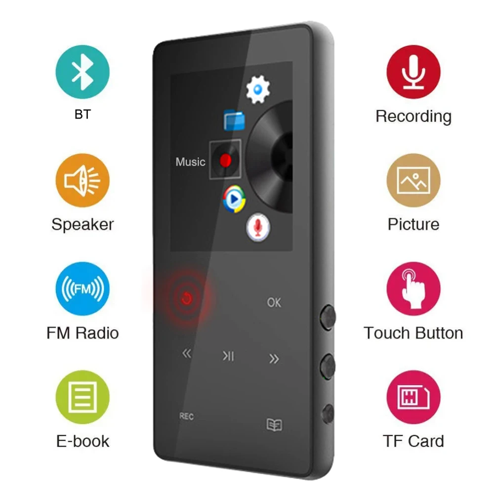 New Portable Bluetooth MP3 Player 1.8 inch Touch Screen 16GB HiFi Music Player Built-in Speaker Support FM,Recording,E-Book