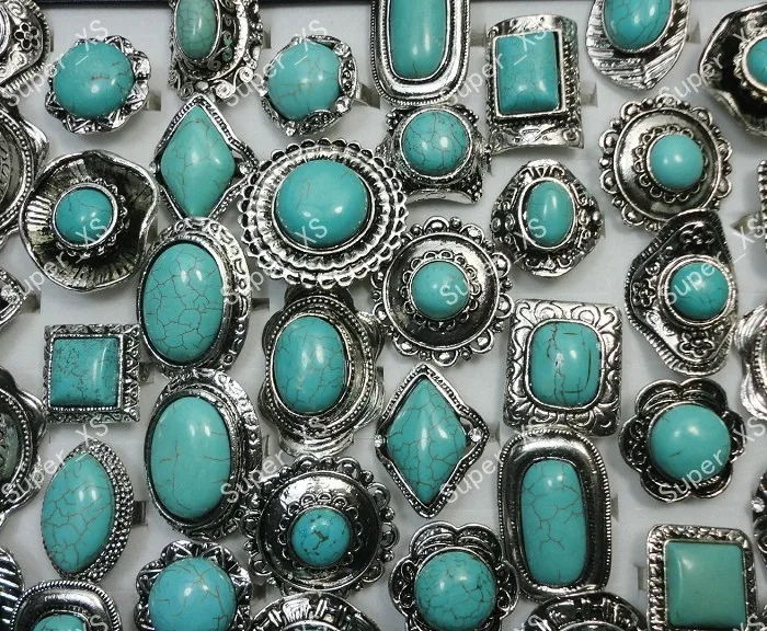 10Pcs Vintage Jewelry Retro Natural Stone Women Tibet Silver Plated Rings Lots Adjustable Size LR250