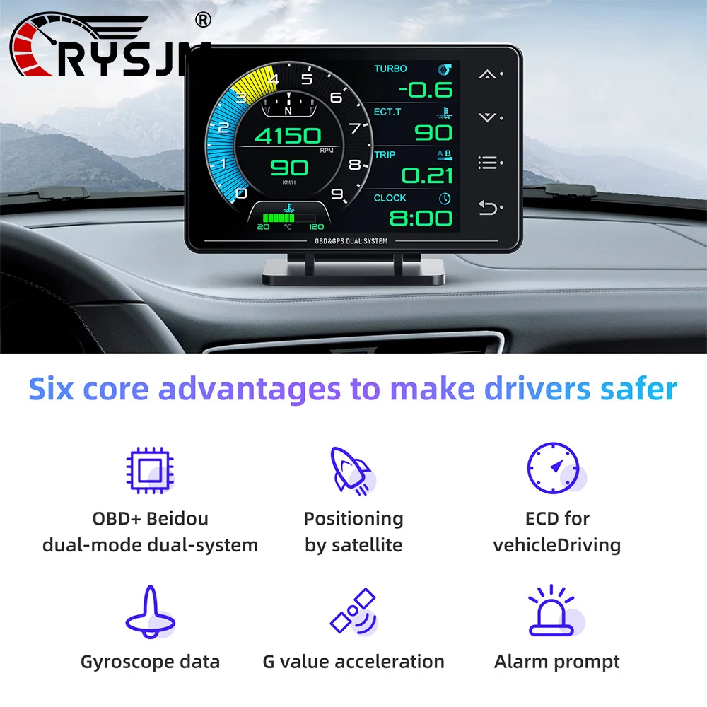 Car Multi-function HUD Gauge OBD+GPS Instrument Screen RPM Speedometer Fuel Turbocharged Oil Pressure Oil Temp Head Up Display