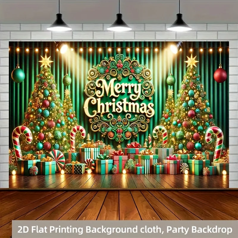 2D Flat, 1pc Holiday Christmas Tree Gift Party Banner - 8x6 Feet, Vibrant Festive Decor with Candy Canes and Snowflakes, Suitabl