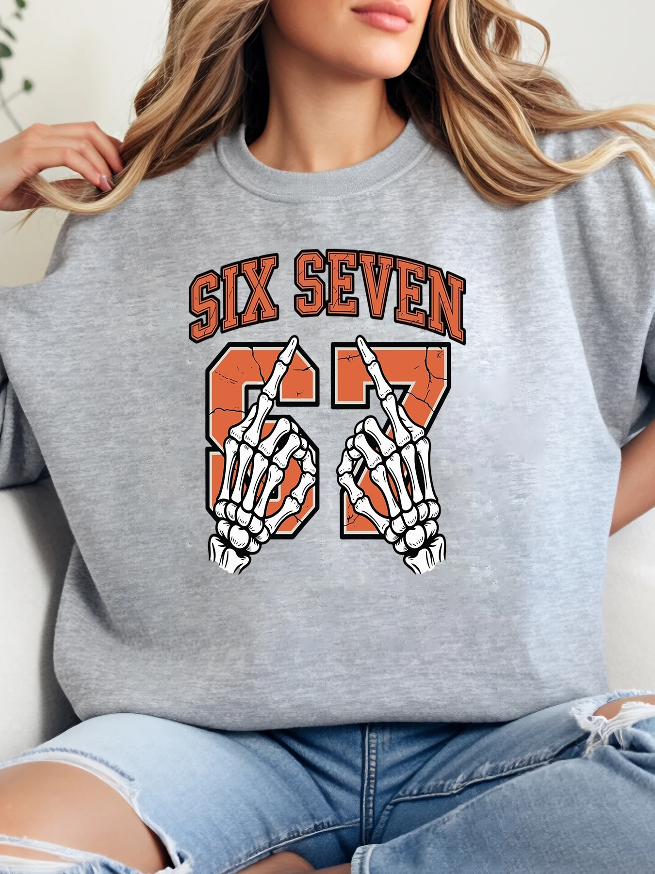 

Skeleton Hands Six Seven Halloween Oversized T-Shirt Women Casual Party Gray Plus-Size