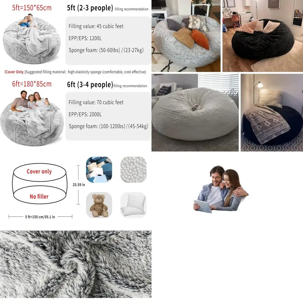 

5ft Black Velvet Bean Bag Cover, Washable & Soft, Ideal for Adults, Suitable for Living Room, Bedroom, Outdoor Use
