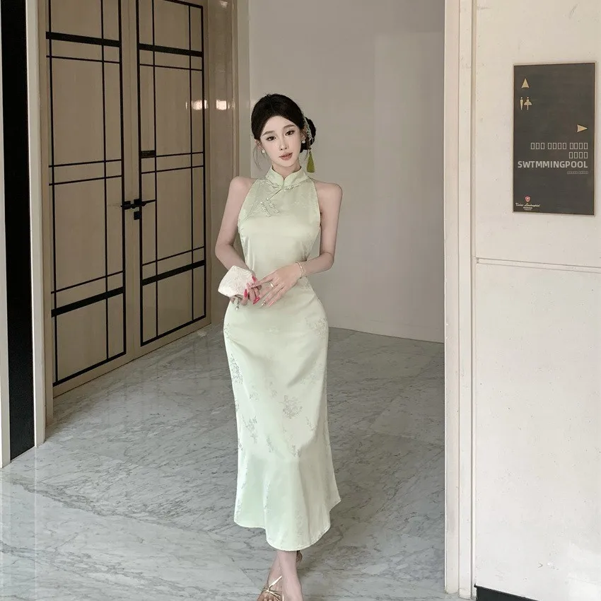 Retro Chinese Sle Tie-Dye New Mid-Length  Dr Collar Stand-Up Skirt Floral Embroidery Button Detail Summer 2025