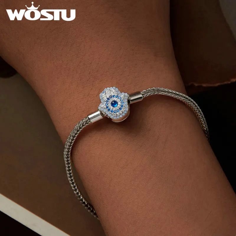 WOSTU 925 Sterling Silver Original Evil Eye Fatima Hamsa Basic Bracelet For Women Zircon Real s925 Bangle Fit DIY Charms Beads