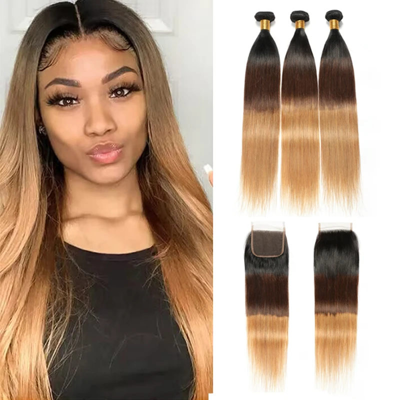 

Ombre Straight 3 Bundles With Closure 1B/4/27 Brazilian 100% Human Hair Remy Hair Extensions Transparent Lace HD Ali Sky Hair