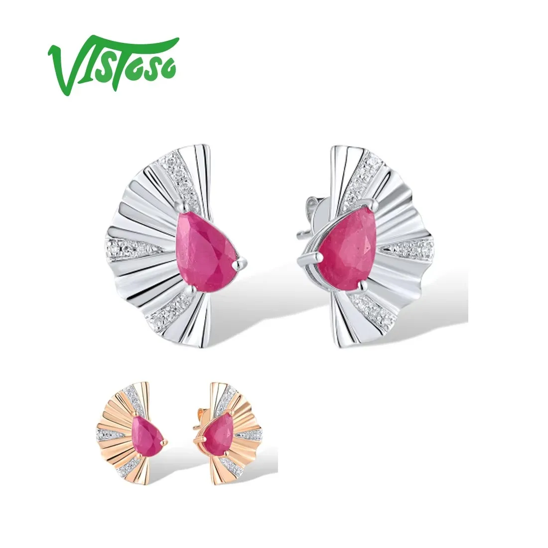 VISTOSO Genuine 14K 585 Rose/White Stud Earrings For Women Sparkling Diamond Ruby Elegant Fan Shaped Anniversary Fine Jewelry