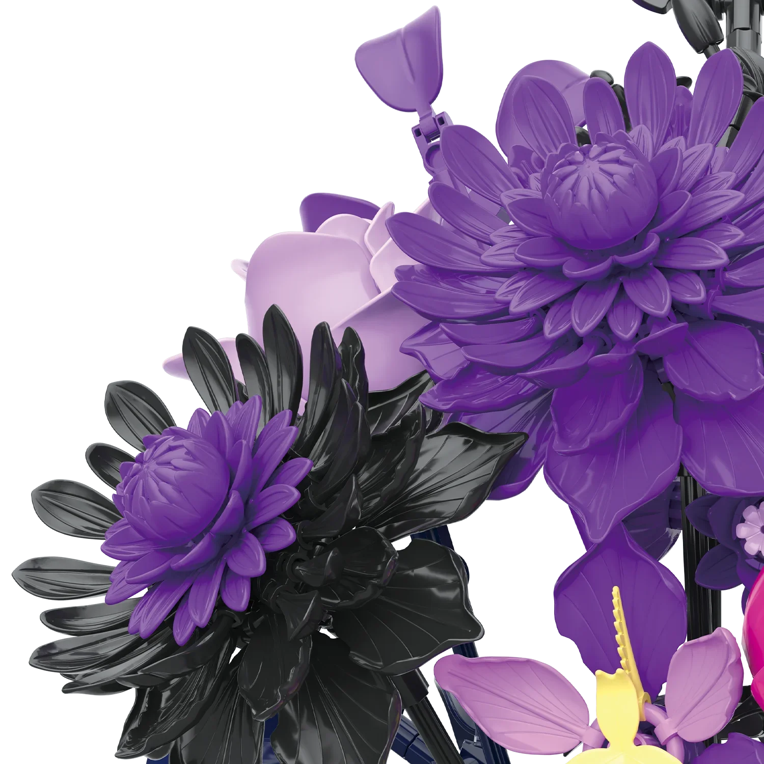 Bouquet di rose nere viola Set di blocchi di fiori Collezione botanica Decorazione domestica gotica Modello di mattoni Giocattolo per regalo per adulti