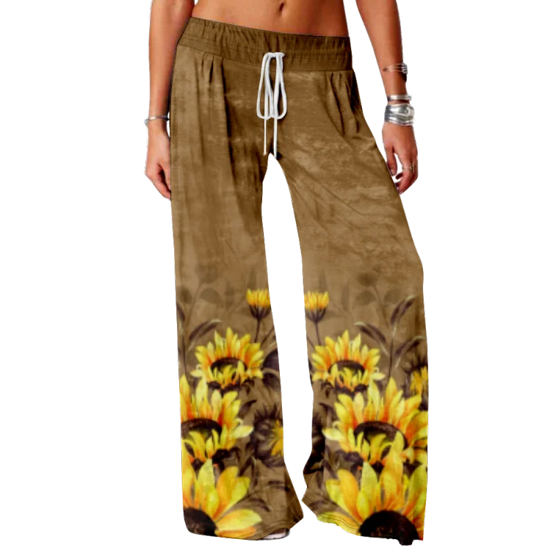 Spring Summer Sunflower Print Pants Y2k Streetwear Women Trend Casual Wide Leg Pants Elastic Waist Trousers Loose Joggers Chic