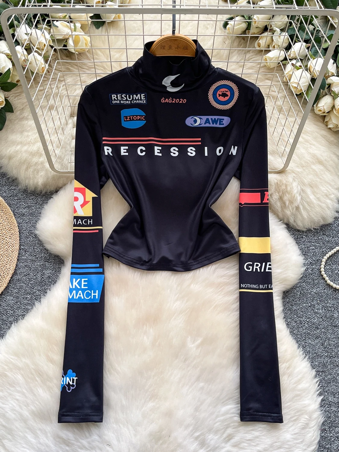 تي شيرت نسائي بقصة ضيقة وياقة عالية طويلة Sve تي شيرت نسائي مطبوع عليه قاعدة ort Sle irt للخريف وفقدان الوزن متعدد الاستخدامات... #1